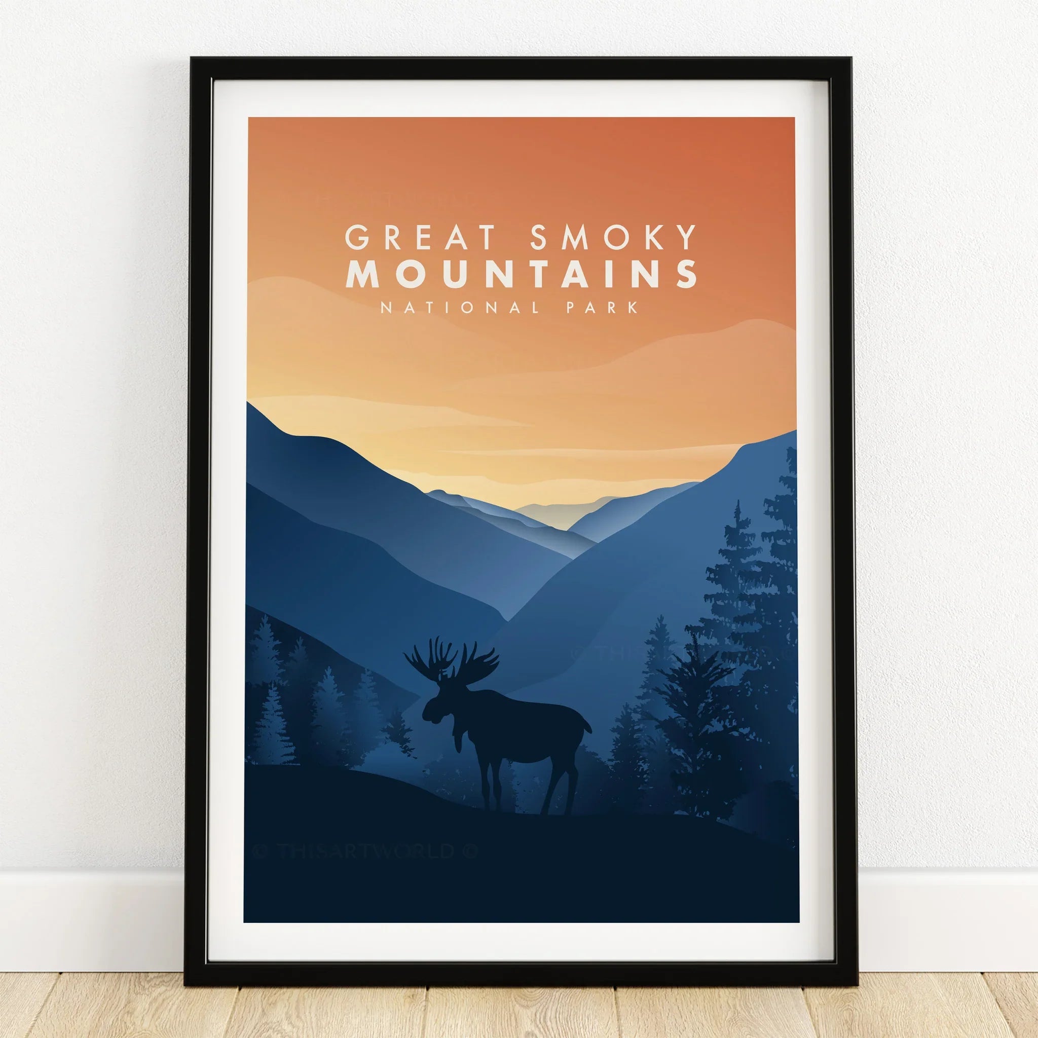 Great Smoky Mountains National Park art print with moose silhouette in black frame