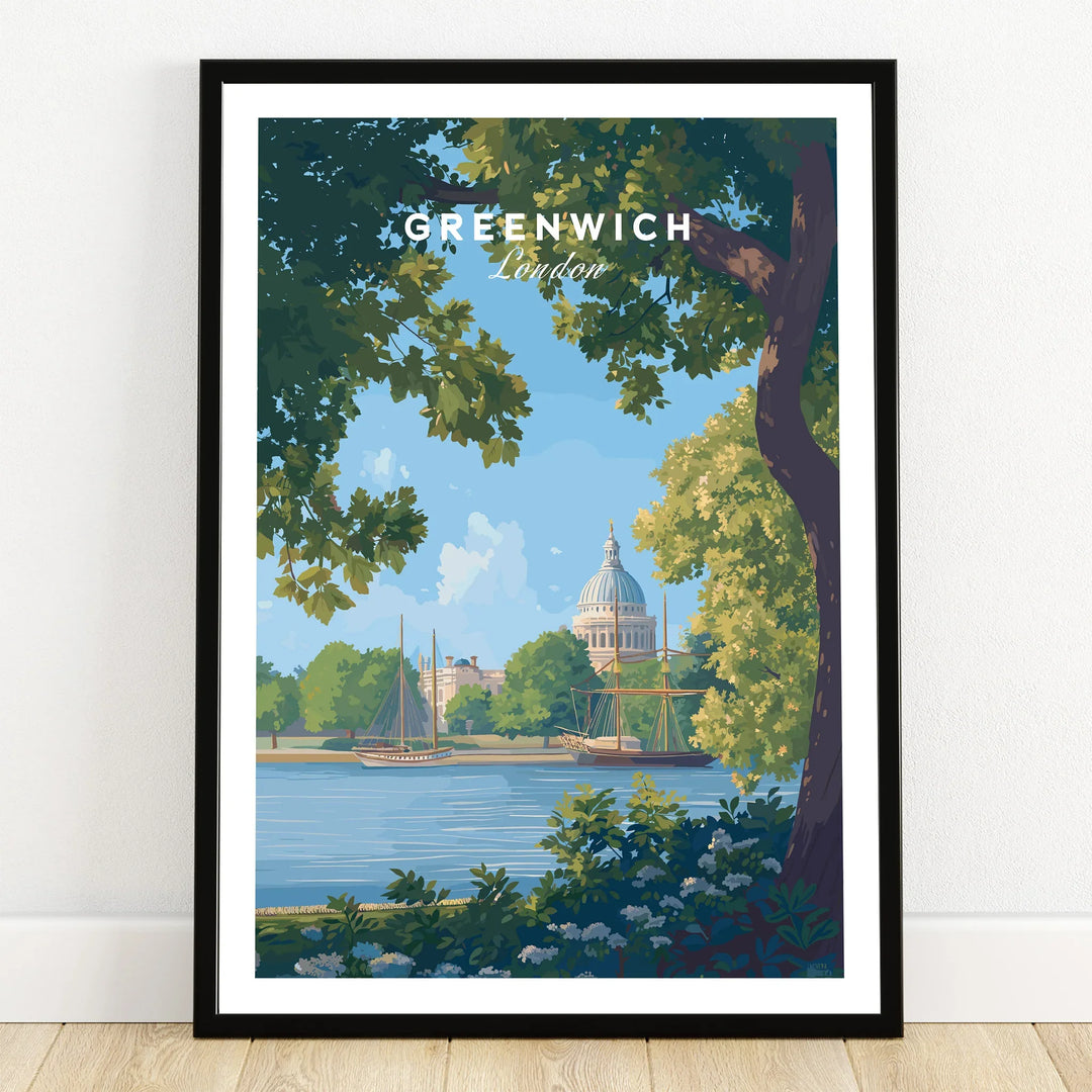 Greenwich London travel poster art print in black frame, river view with trees and boats