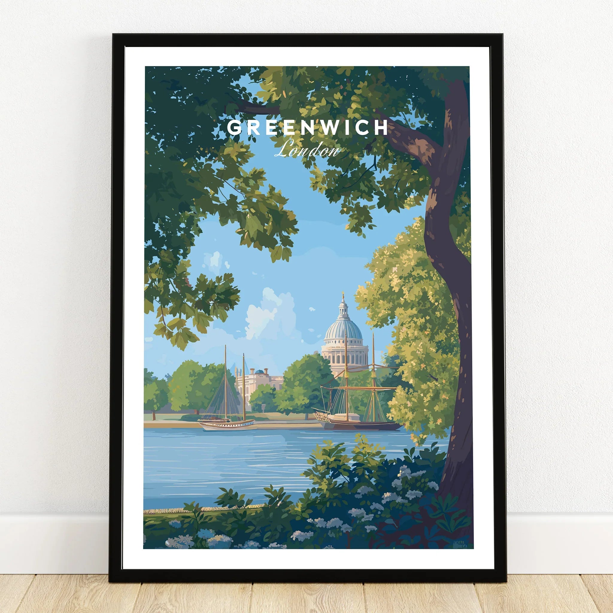 Greenwich London travel poster art print in black frame, river view with trees and boats