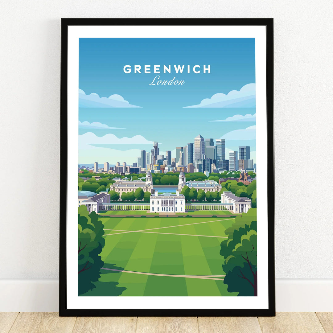 Greenwich London art print in black frame, city skyline wall art on wooden floor