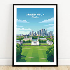 Greenwich London art print in black frame, city skyline wall art on wooden floor