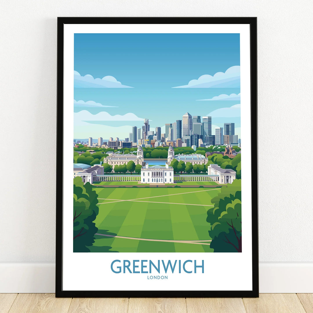 Greenwich London art print in black frame, featuring a skyline and park landscape