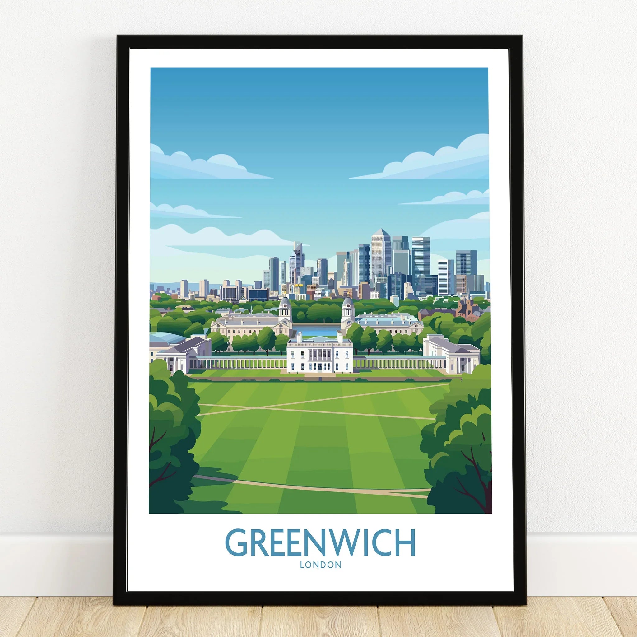 Greenwich London art print in black frame, featuring a skyline and park landscape