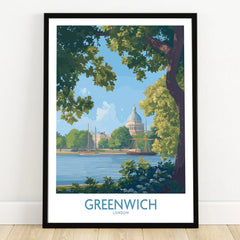 Greenwich London travel art print in black frame, cityscape with river and boats, on wooden floor