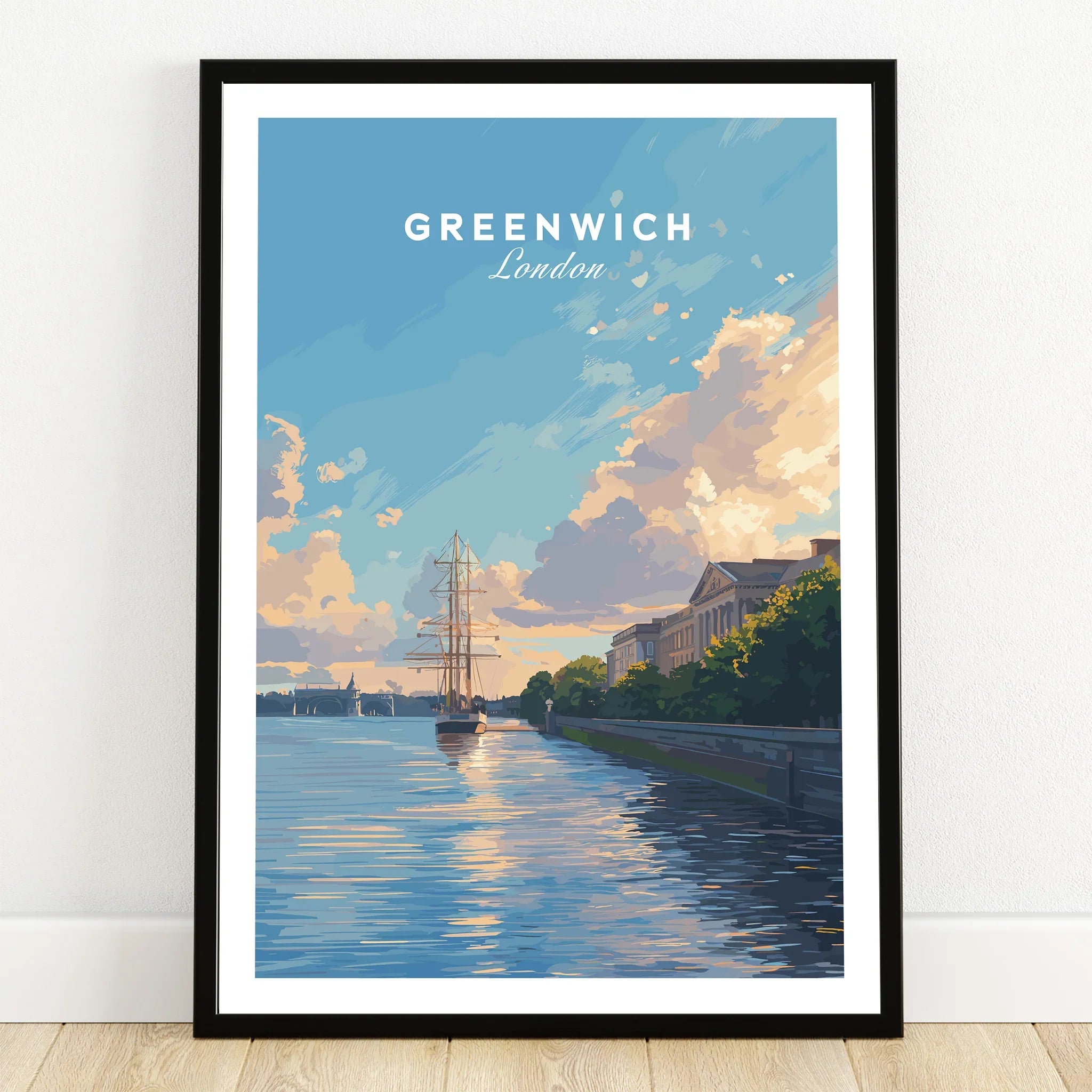 Greenwich London travel art print in black frame, skyline and river scenic wall decor