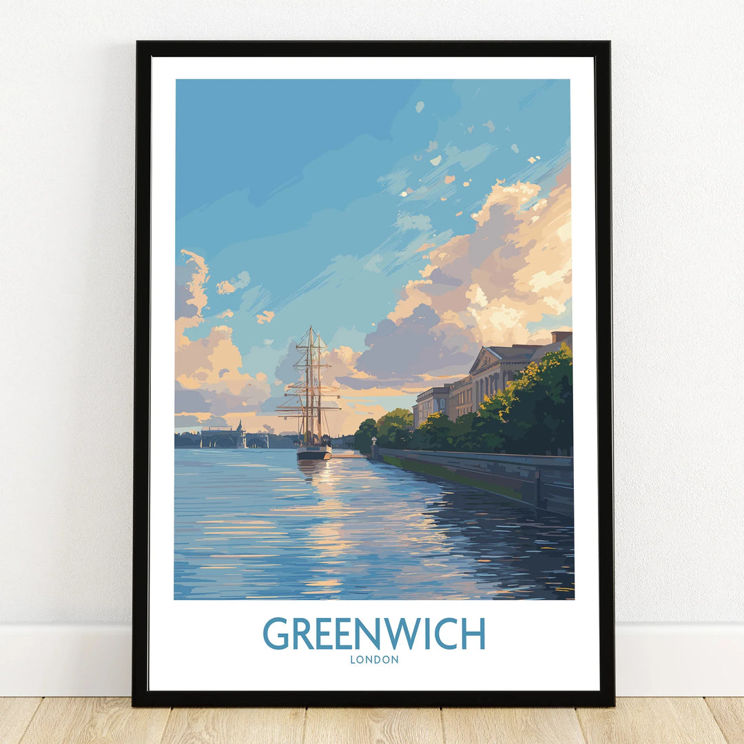 Framed Greenwich London art print with sailing ship, riverside buildings, and sunset sky