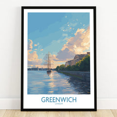 Framed Greenwich London art print with sailing ship, riverside buildings, and sunset sky