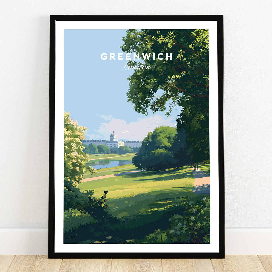 Greenwich London art print in black frame, featuring city park landscape illustration