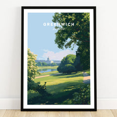 Greenwich London art print in black frame, featuring city park landscape illustration