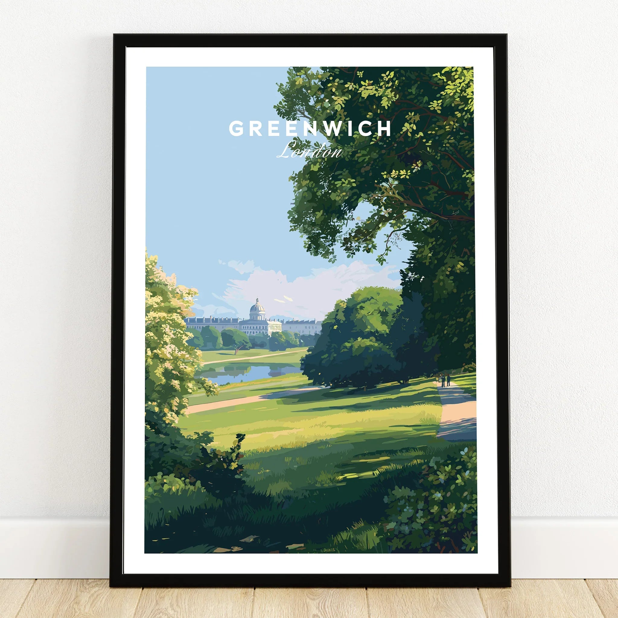 Greenwich London art print in black frame, featuring city park landscape illustration