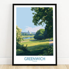 Greenwich London art print in black frame with park landscape and historic buildings