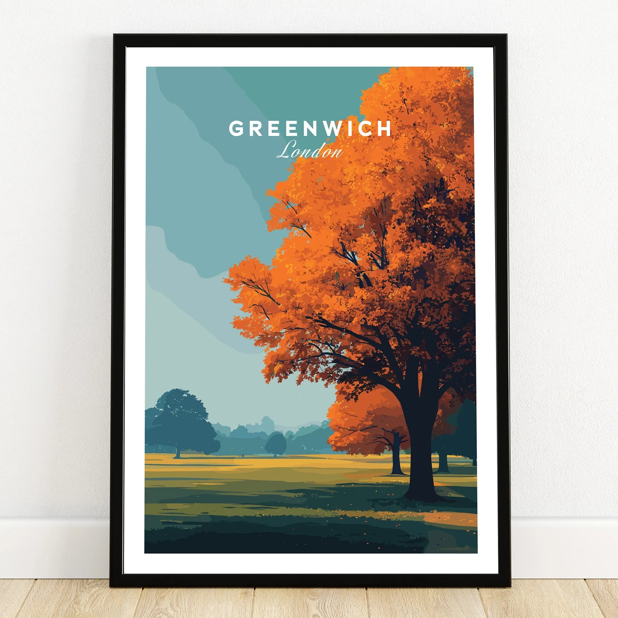 Greenwich London art print with autumn tree, landscape poster in black frame on wooden floor
