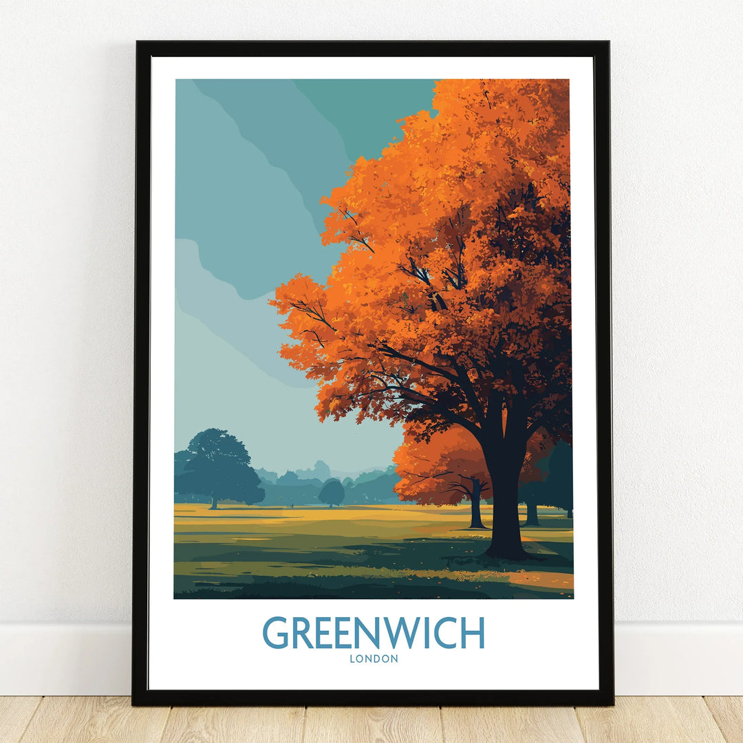 Greenwich London art print with autumn tree in black frame on wooden floor