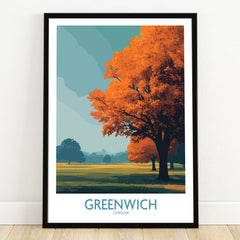 Greenwich London art print with autumn tree in black frame on wooden floor