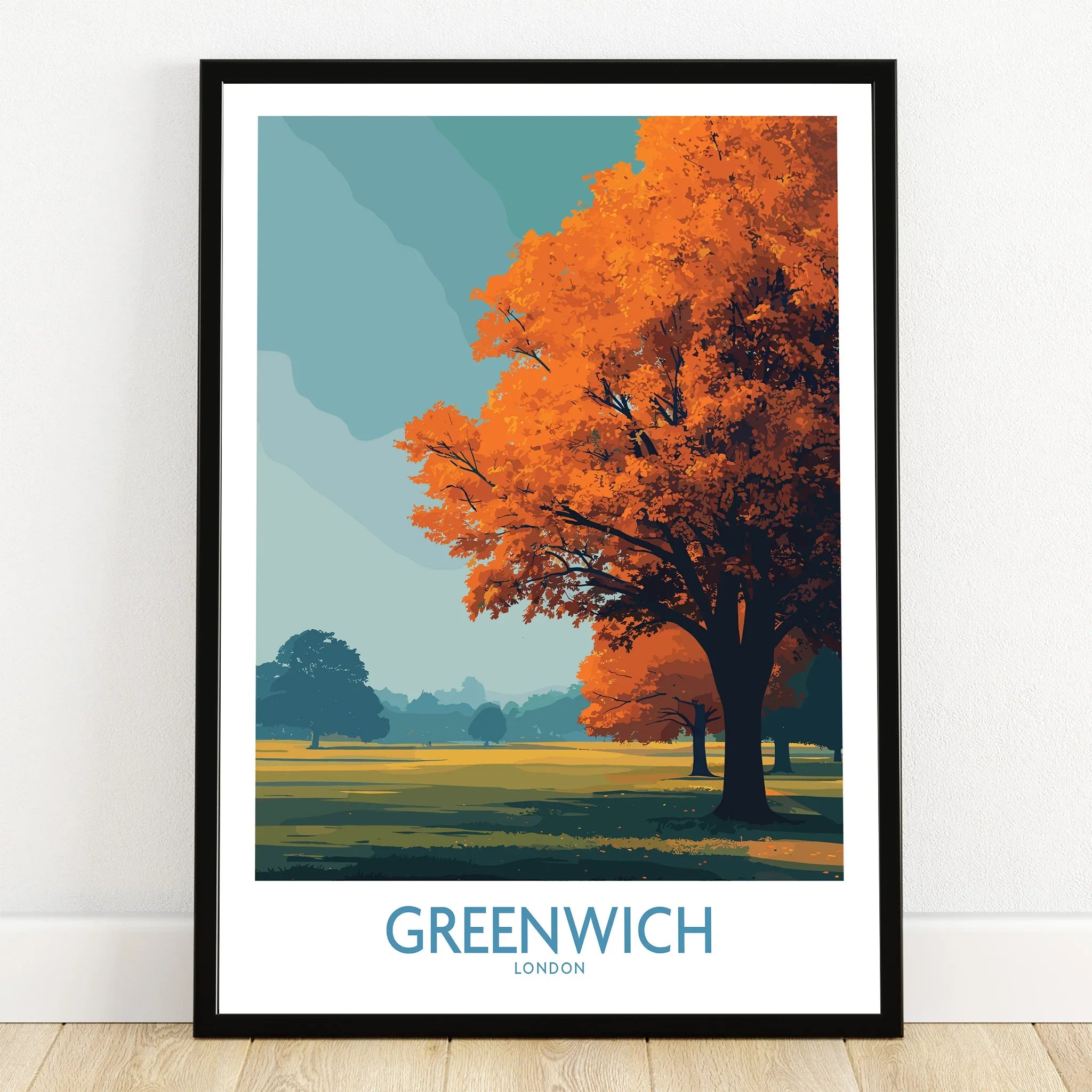 Greenwich London art print with autumn tree in black frame on wooden floor