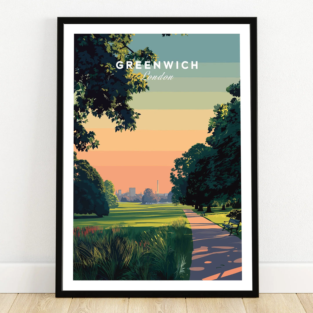 Greenwich London art print in black frame showing park with sunset colors and city skyline