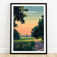 Greenwich London art print in black frame showing park with sunset colors and city skyline