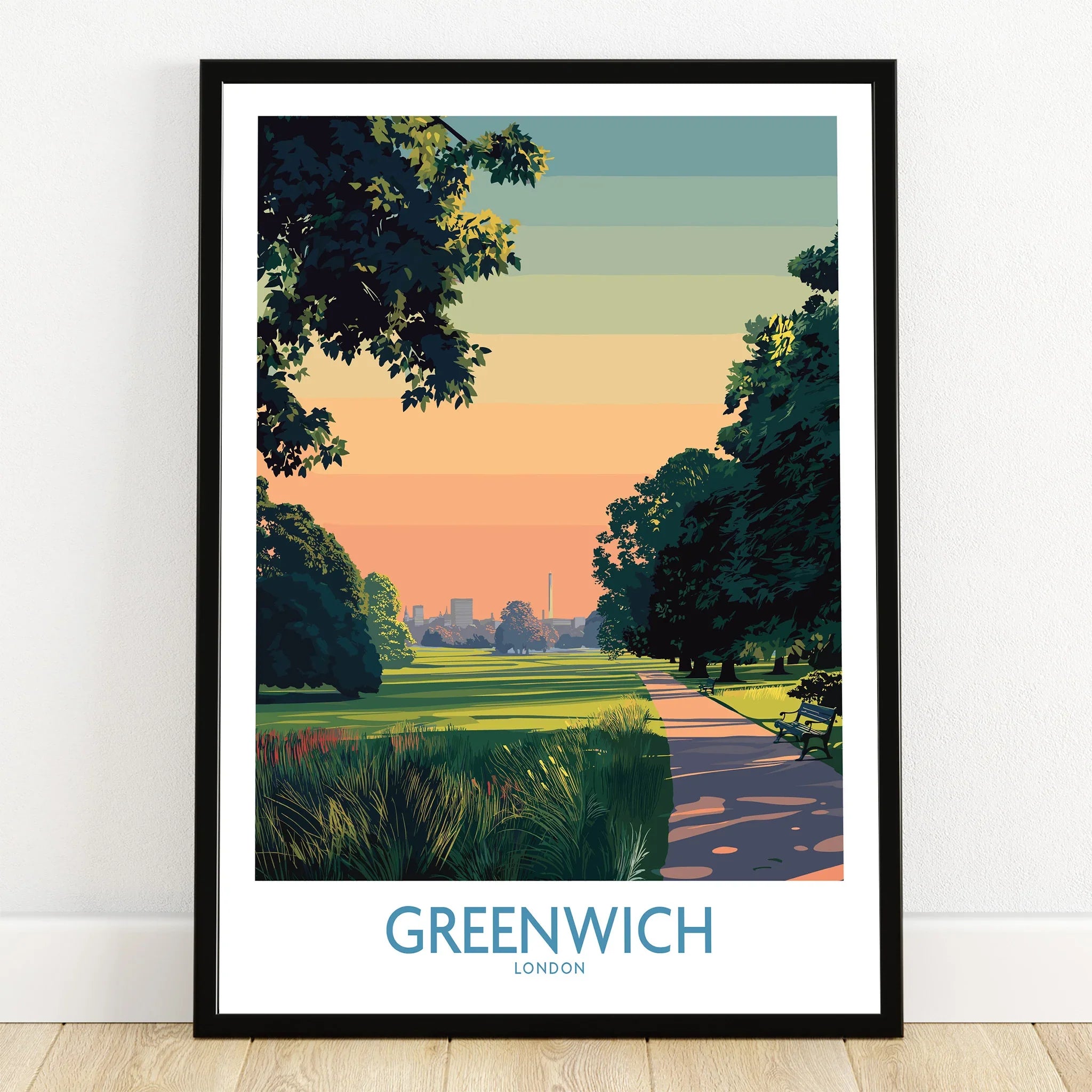 Greenwich London art print in black frame, city skyline and park landscape wall art