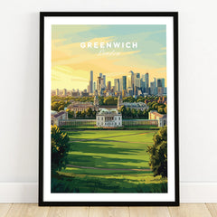 Greenwich London art print in black frame, city skyline and park landscape wall decor