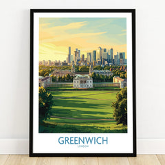 Greenwich London art print in black frame, city skyline and park view, on wooden floor