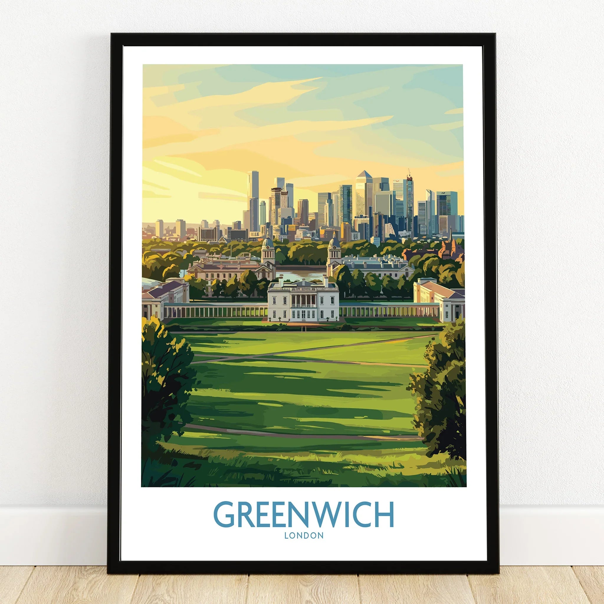 Greenwich London art print in black frame, city skyline and park view, on wooden floor