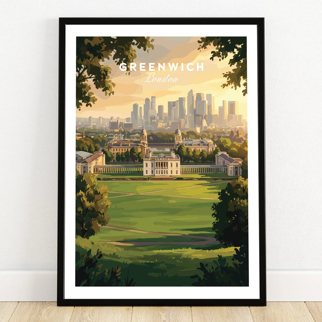 Greenwich London art print in black frame, city skyline and park illustration, wall decor