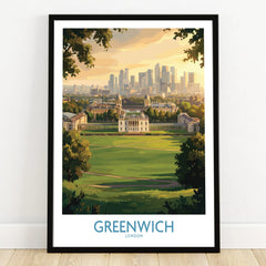 Greenwich London art print in black frame, featuring city skyline and park landscape