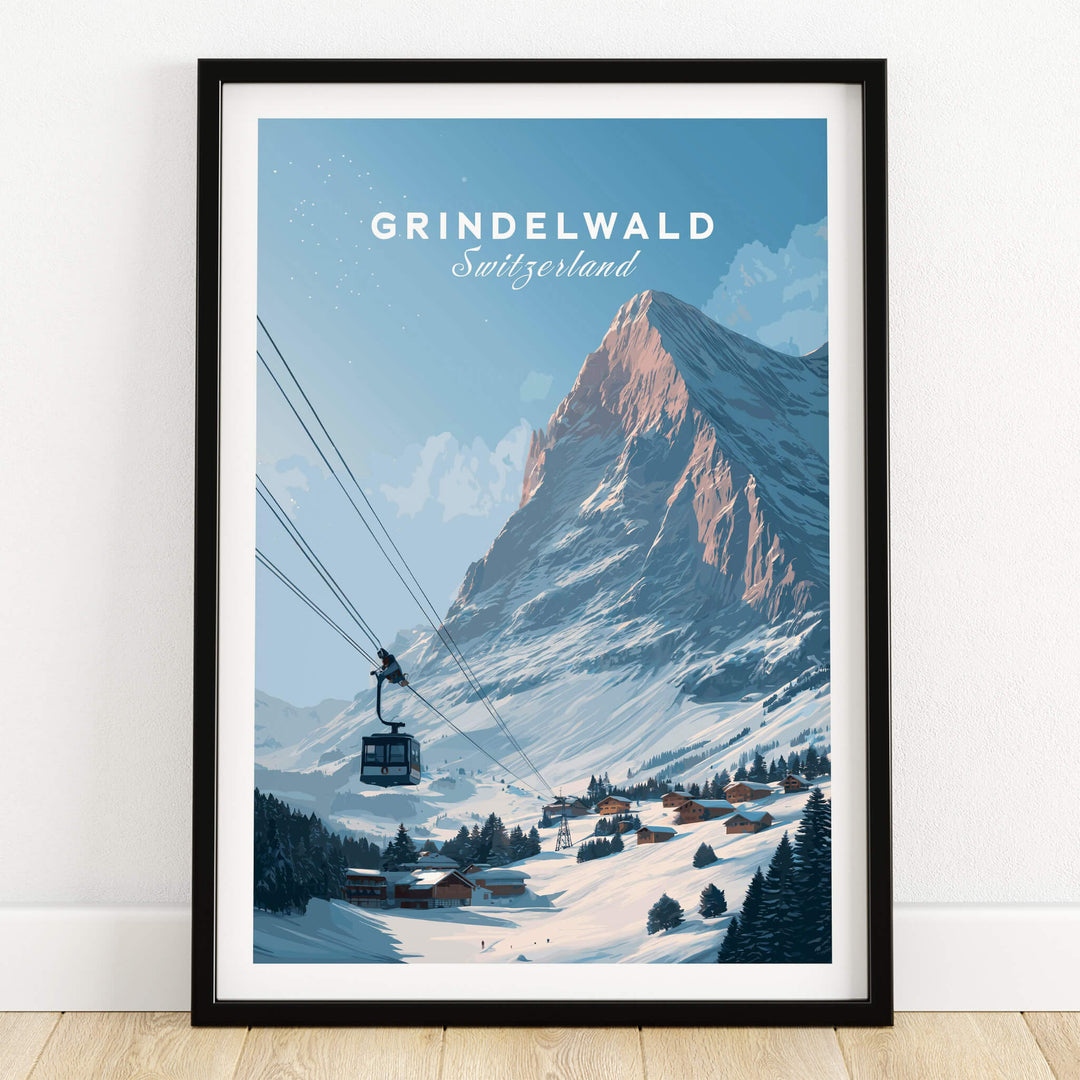 Grindelwald Switzerland Wall Art Print | Alpine Cable Car Travel Posters featuring snow-covered mountains and cable car.
