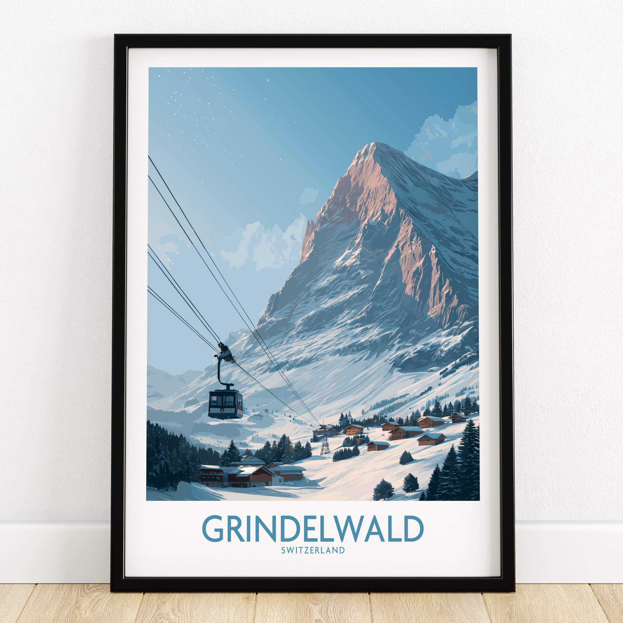Grindelwald Switzerland Poster | Snowy Alps Mountain Scene Canvas Print featuring a ski lift and majestic mountains.