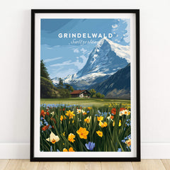 Grindelwald Switzerland Travel Poster | Alpine Wildflower Meadow Wall Art Print showcasing vibrant flowers and majestic mountains.