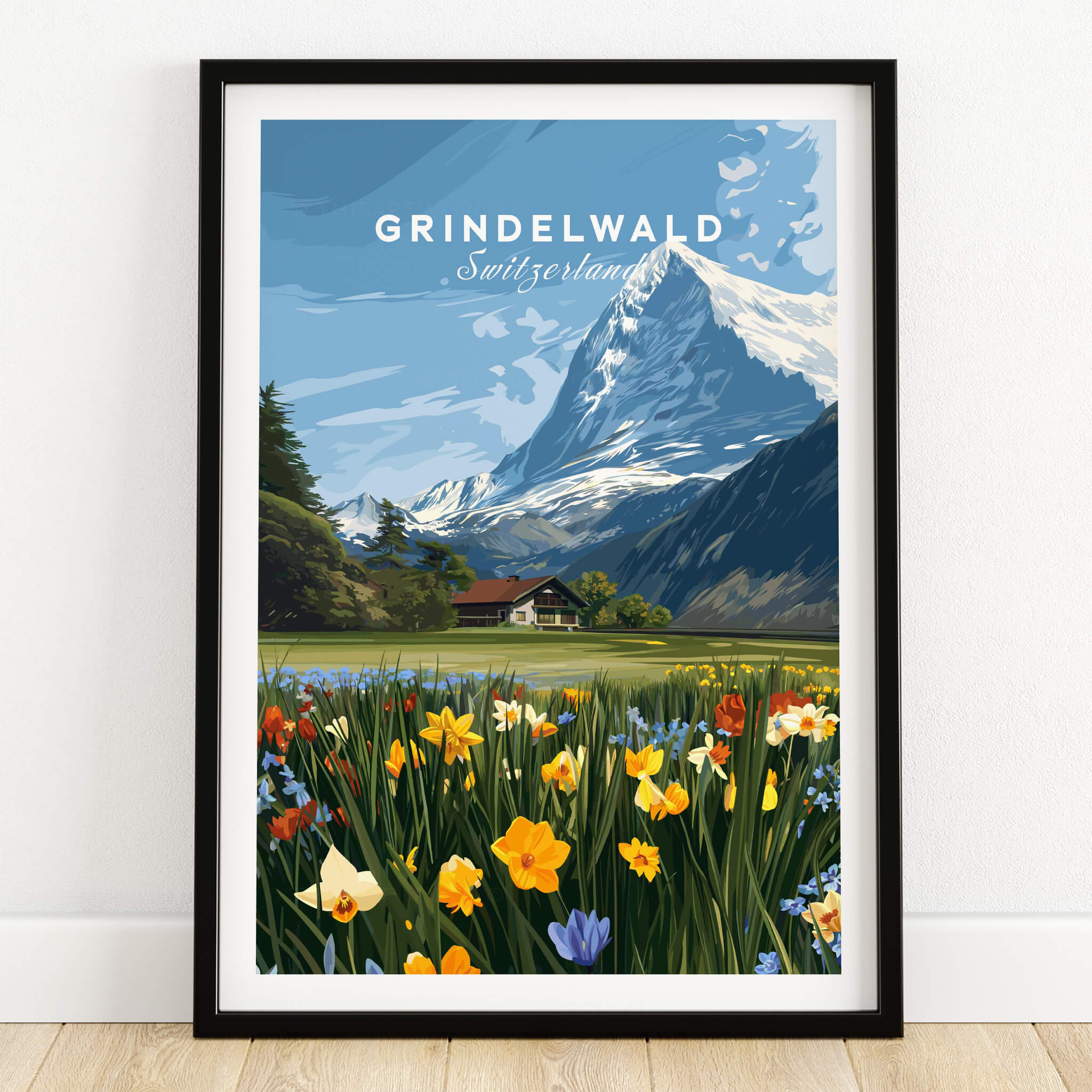 Grindelwald Switzerland Travel Poster | Alpine Wildflower Meadow Wall Art Print showcasing vibrant flowers and majestic mountains.
