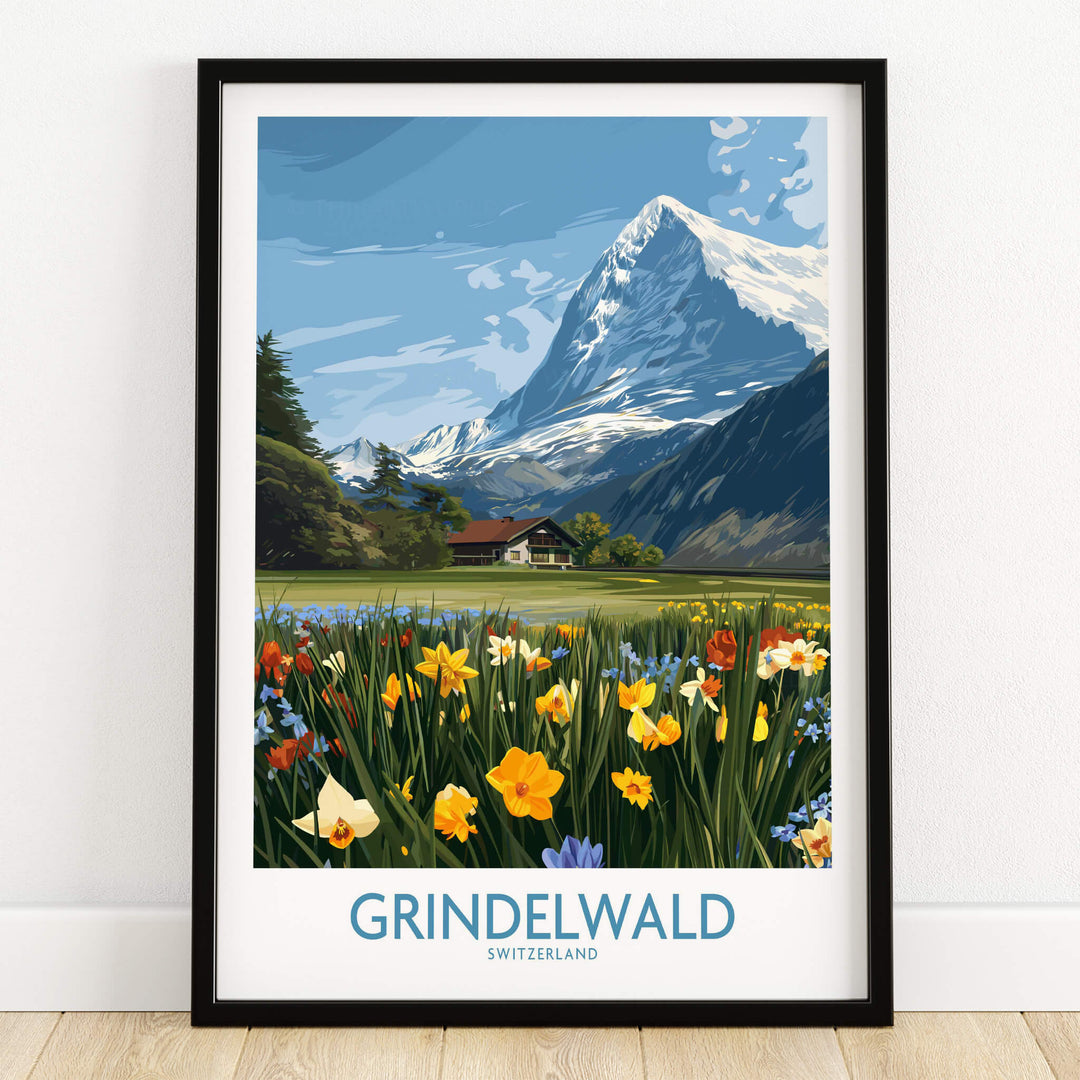 Grindelwald Switzerland Canvas Print | Scenic Swiss Village Landscape Poster featuring vibrant flowers and majestic mountains.