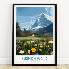 Grindelwald Switzerland Canvas Print | Scenic Swiss Village Landscape Poster featuring vibrant flowers and majestic mountains.