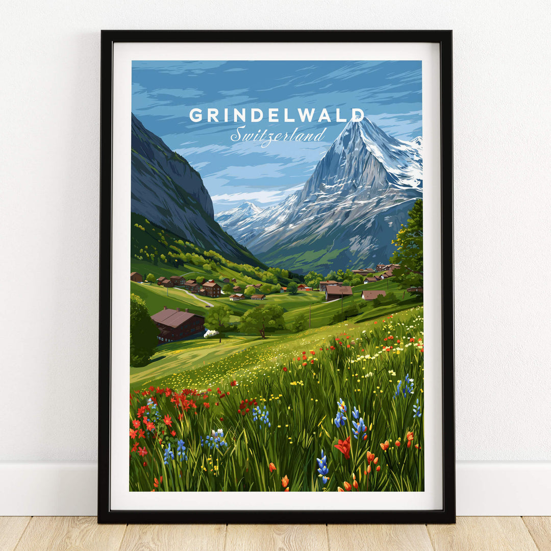 Grindelwald Switzerland Wall Art Print | Summer Alps Nature Travel Posters featuring lush green valleys and mountains.