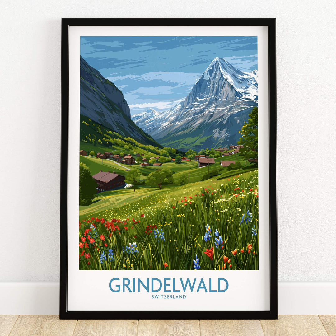 Grindelwald Switzerland Posters | Lush Green Mountain Valley Canvas Print showcasing vibrant meadows and majestic mountains.