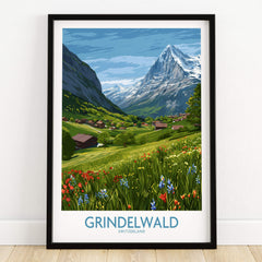 Grindelwald Switzerland Posters | Lush Green Mountain Valley Canvas Print showcasing vibrant meadows and majestic mountains.