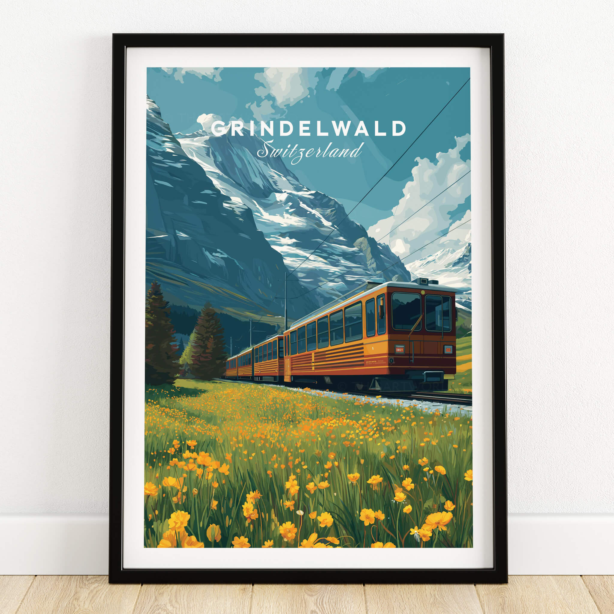 Grindelwald Switzerland Travel Poster | Iconic Mountain Railway Wall Art Print depicting a scenic train journey through the Alps.