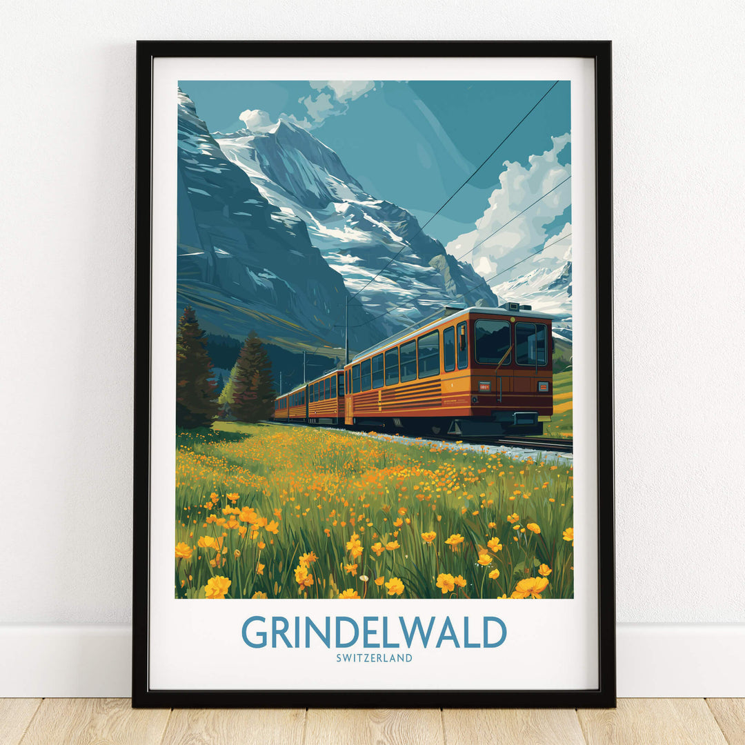 Grindelwald Switzerland Canvas Print | Swiss Alps Train Railway Scene Poster showing a vibrant train amid alpine scenery.