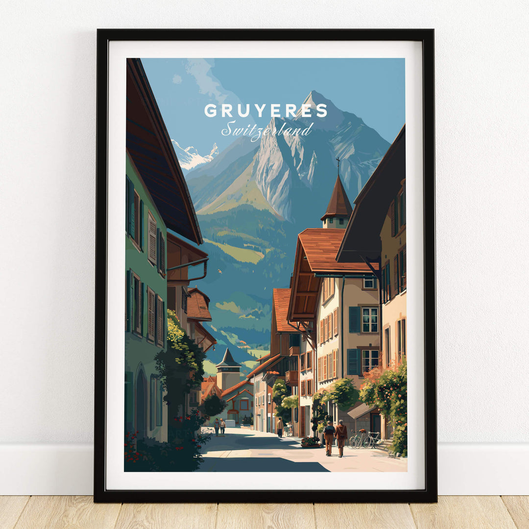 Gruyères Switzerland Wall Art Print | Medieval Village Street Travel Poster featuring picturesque Alpine architecture.
