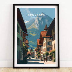 Gruyères Switzerland Wall Art Print | Medieval Village Street Travel Poster featuring picturesque Alpine architecture.