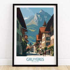 Gruyères Switzerland Poster | Historic European Town Architecture Canvas Print featuring picturesque streets and mountains.