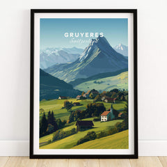 Gruyères Switzerland Travel Poster | Mountain Landscape Wall Art Print showcasing a vibrant alpine landscape with rolling hills and peaks.