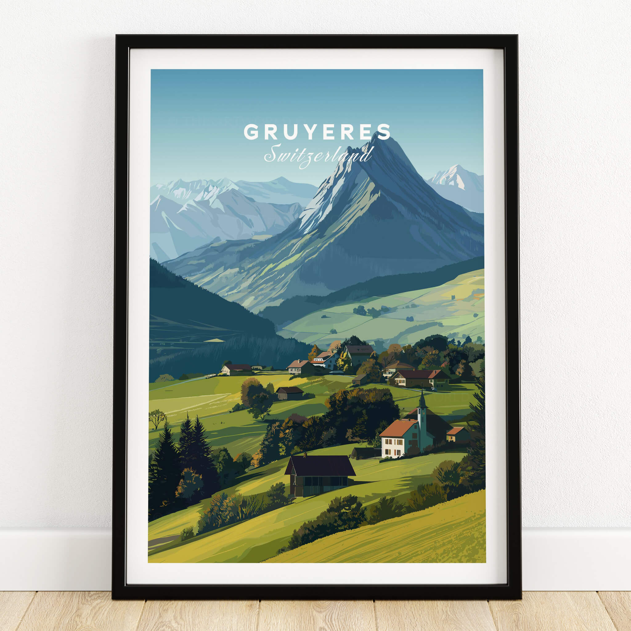Gruyères Switzerland Travel Poster | Mountain Landscape Wall Art Print showcasing a vibrant alpine landscape with rolling hills and peaks.