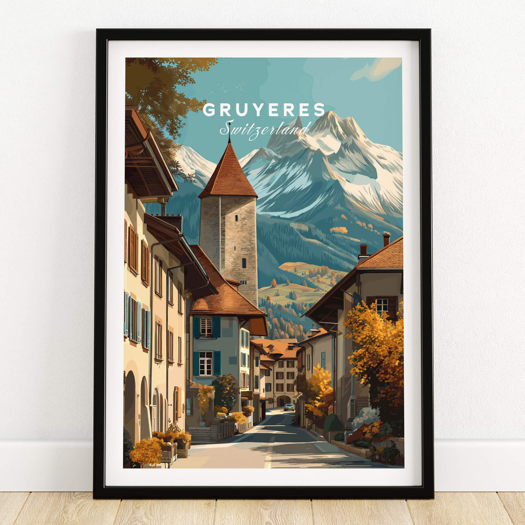 Gruyères Switzerland Wall Art Print | Swiss Travel Poster featuring a medieval village and alpine backdrop.
