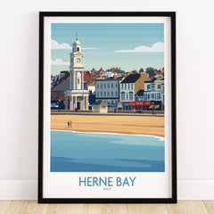 Herne Bay Kent Canvas Print Poster showcasing the iconic clock tower and beach scenery in a vibrant art style.