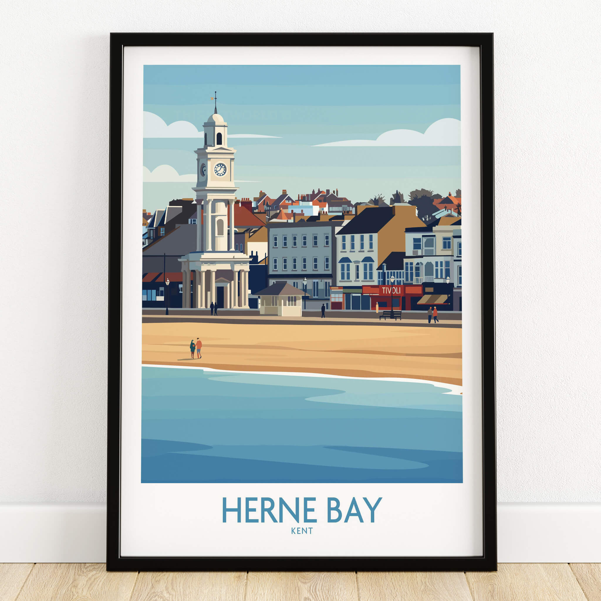 Herne Bay Kent Canvas Print Poster showcasing the iconic clock tower and beach scenery in a vibrant art style.
