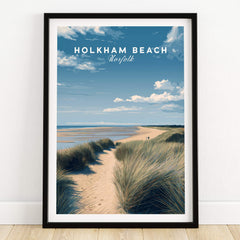 Holkham Beach Norfolk Wall Art Print | Coastal Sand Dunes Travel Poster showcasing serene sand dunes and coastline.