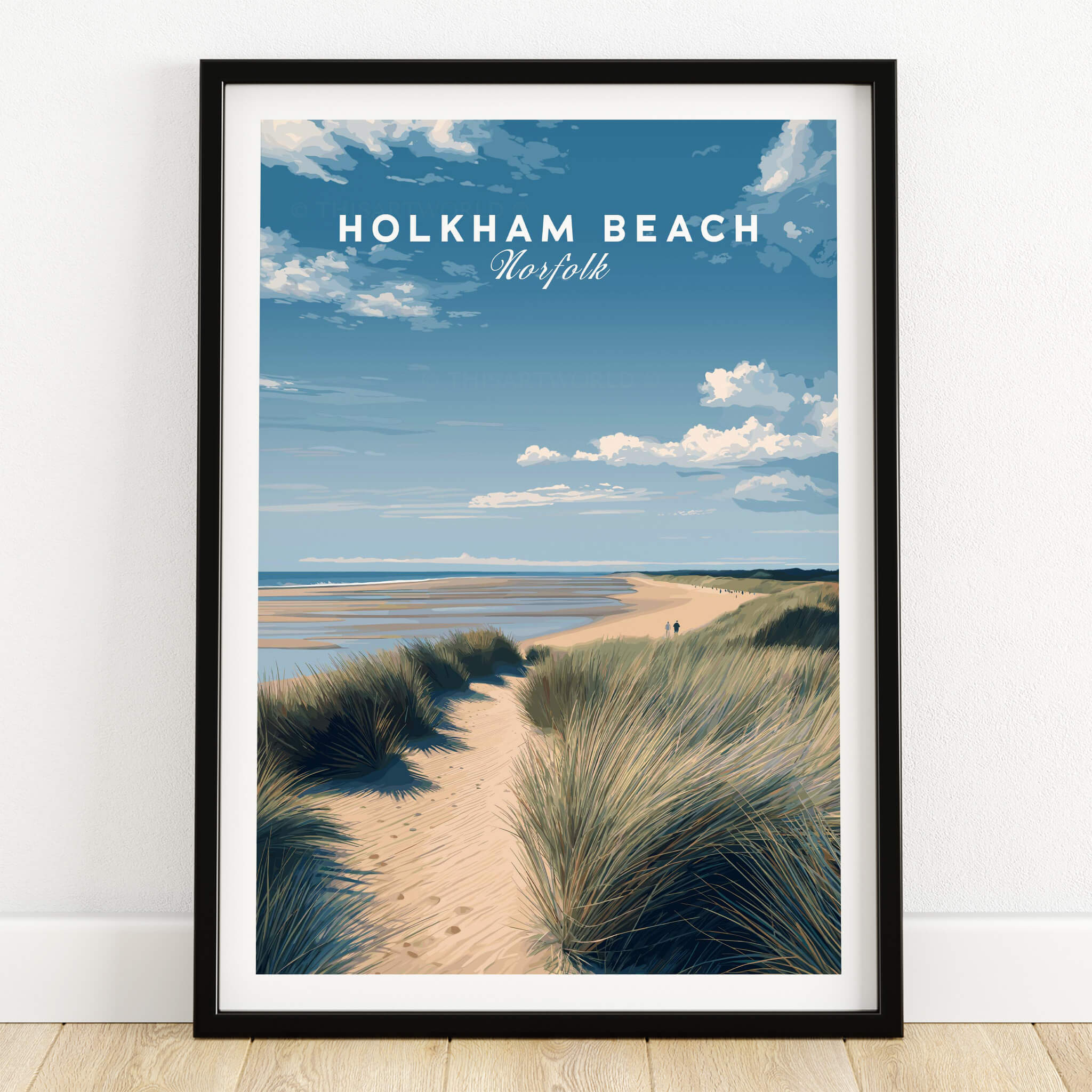 Holkham Beach Norfolk Wall Art Print | Coastal Sand Dunes Travel Poster showcasing serene sand dunes and coastline.