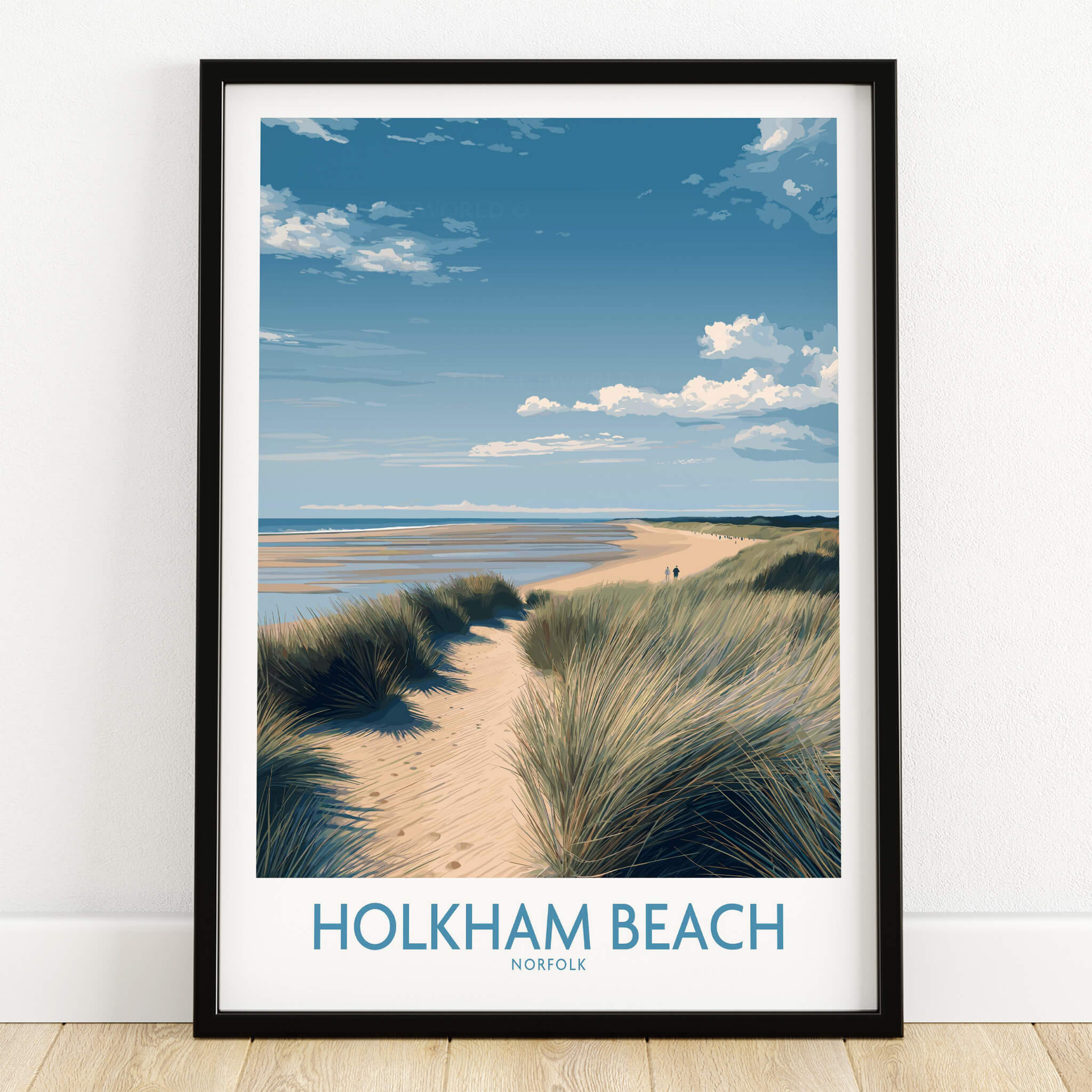 Holkham Beach Norfolk Poster | North Norfolk Shoreline Nature Canvas Print showcasing golden sands and blue skies.