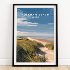 Holkham Beach Norfolk Travel Poster | Serene Beach Pathway Wall Art Print featuring a tranquil coastal scene.